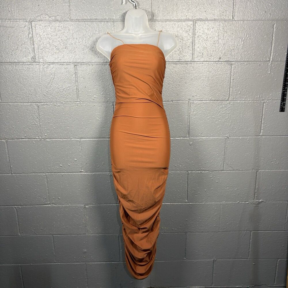 Rainbow Nation Dress Women's XS Orange Ruched Bodycon Maxi Spaghetti Strap
